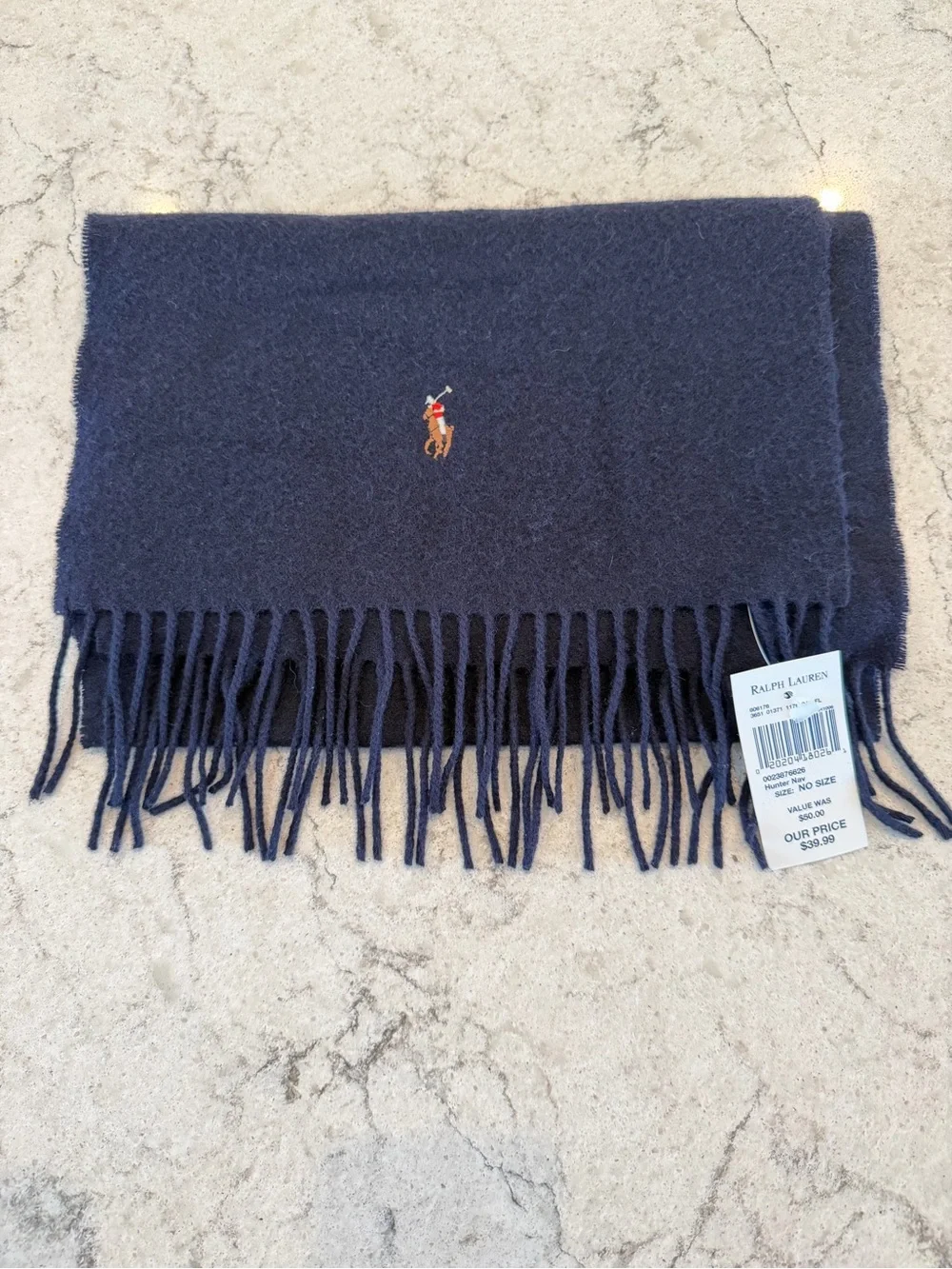 Polo Ralph Lauren 100% Lambswool Scarf Navy Made in Scotland Fringe NWT